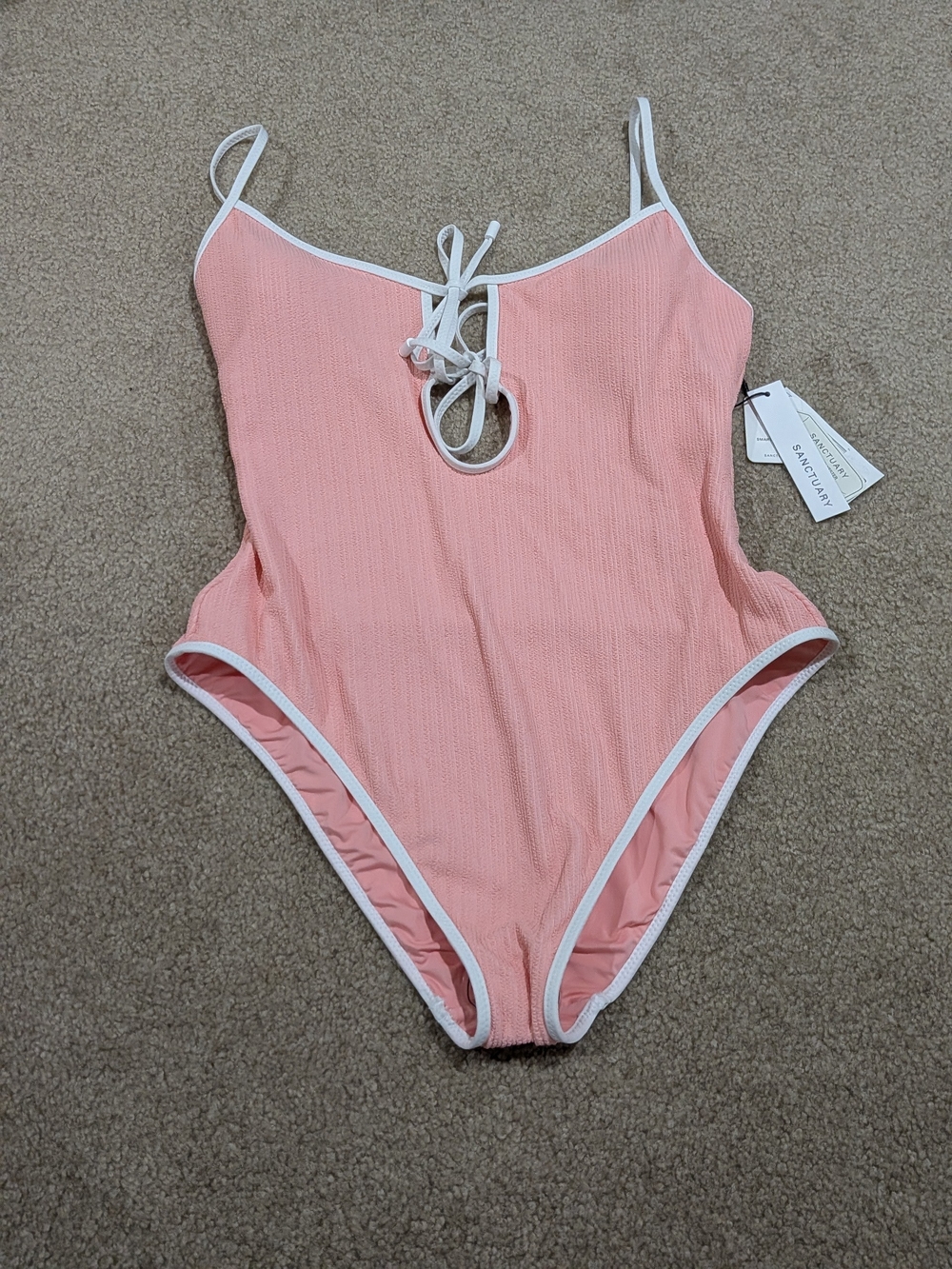 Sanctuary Coral Pink One-Piece Swimsuit with White Trim And Cups NWT